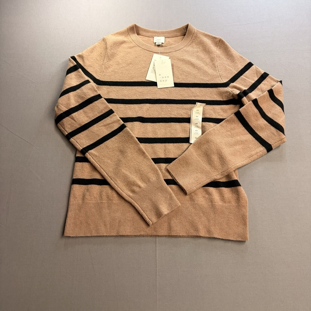 A New Day Target Sweater Womens XS Camel Black Striped Crewneck Knit NWT